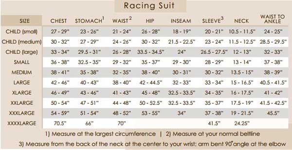 G Force Racing Suit Size Chart